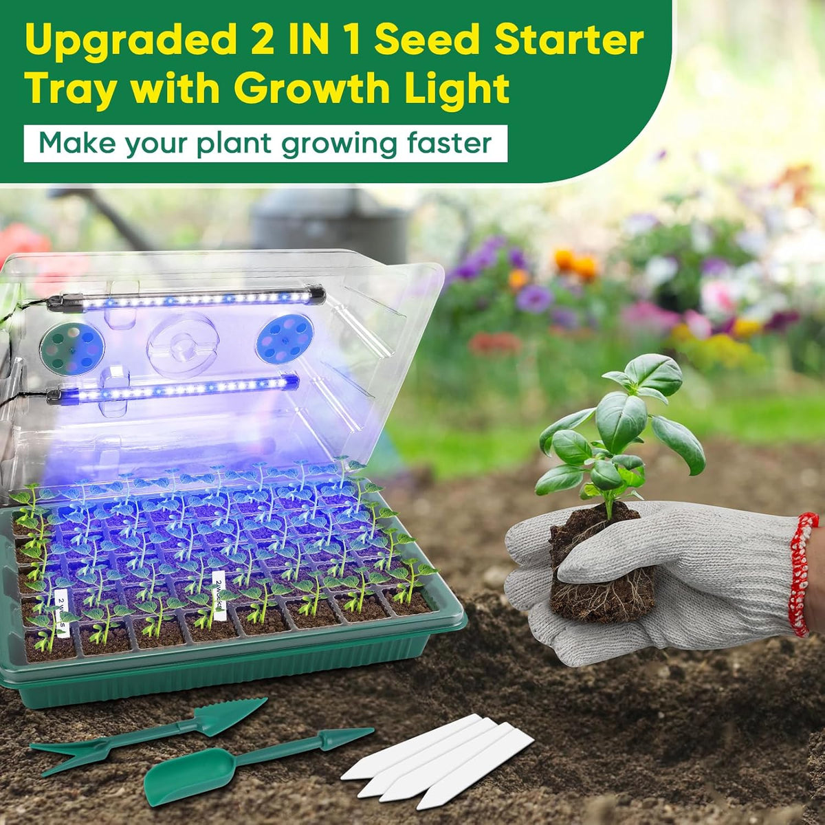 BlumWay Seed Starter Tray with Grow Light,4 Pack 160 Cells Seedling Tray with Humidity Dome/Indoor