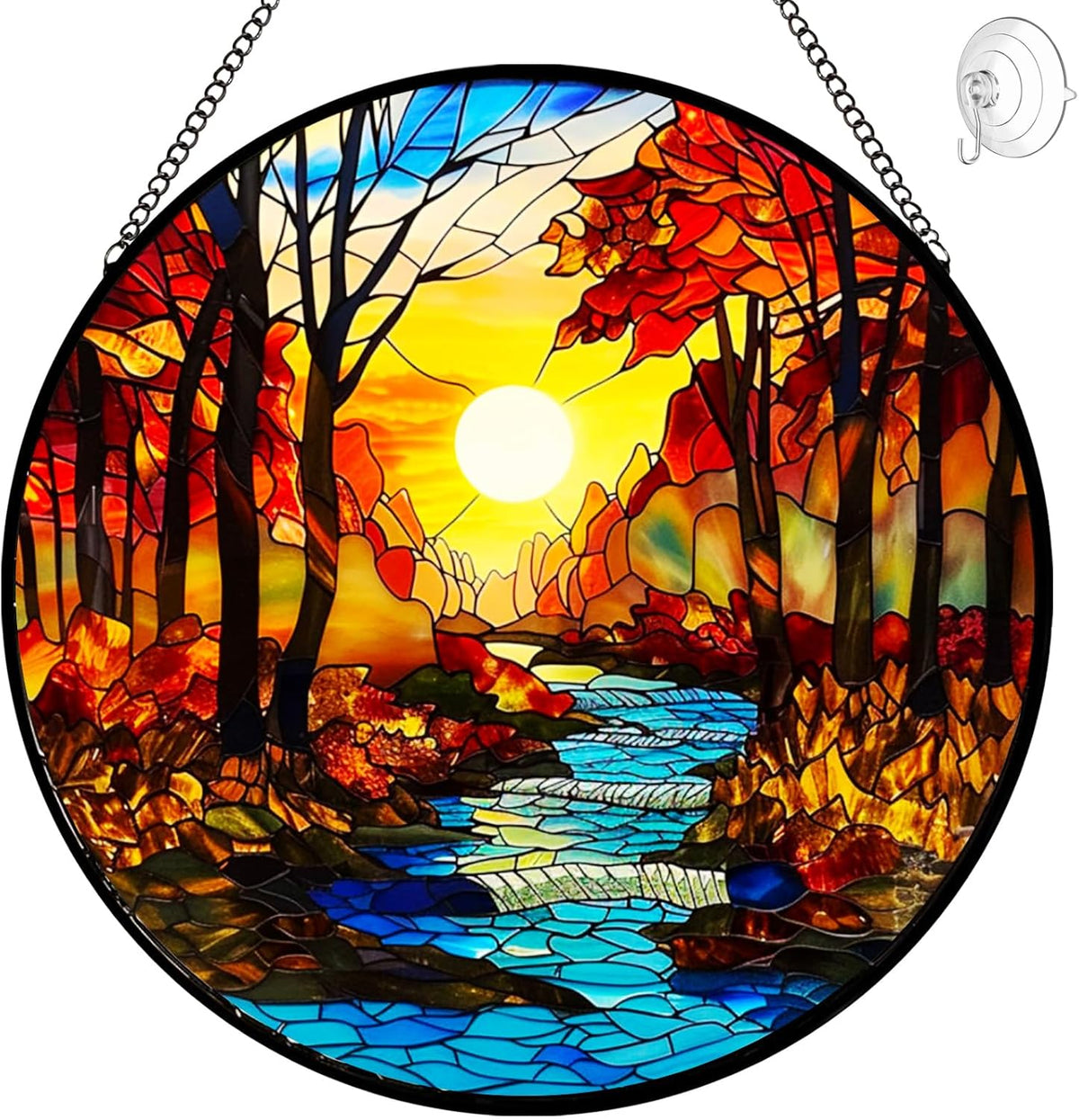 Fall Decor Sunrise Tree and River Landscape Stained Glass Suncatcher for Window Hanging - Mountains