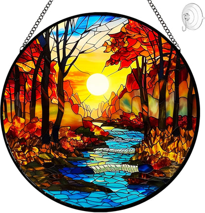 Fall Decor Sunrise Tree and River Landscape Stained Glass Suncatcher for Window Hanging - Mountains