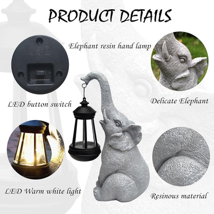 Elephant Solar Garden Statues,Resin Elephant Figurine Decorations with Solar Lights Lantern