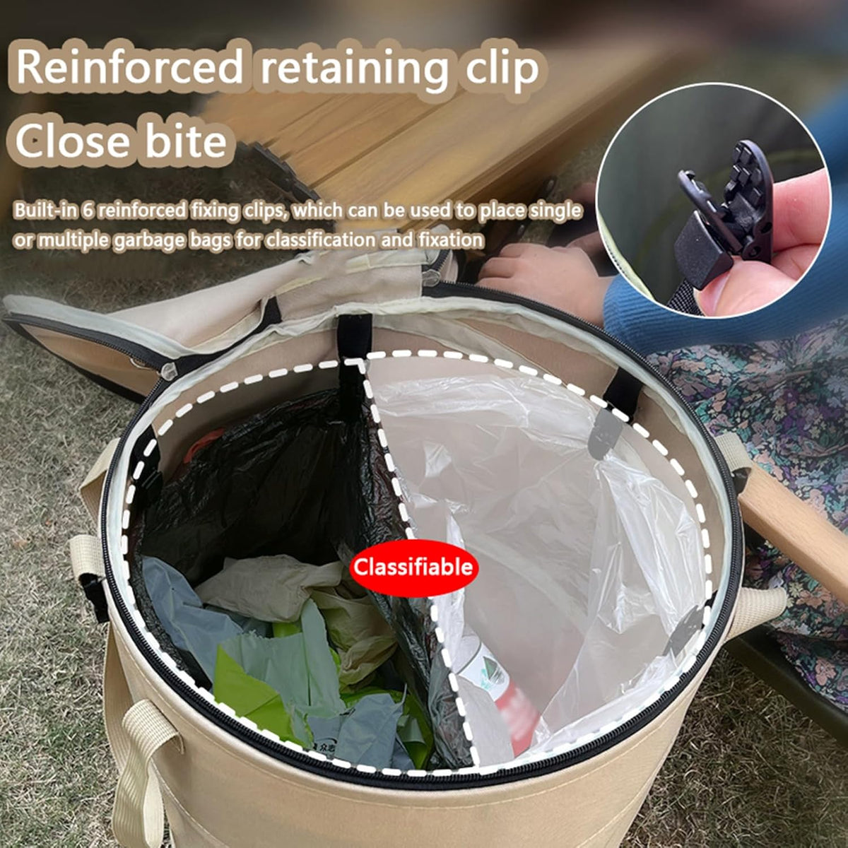 Pop up Camping Trash can with lid,Collapsible 24 Gallons Trash can with Sorting Clips,Garden