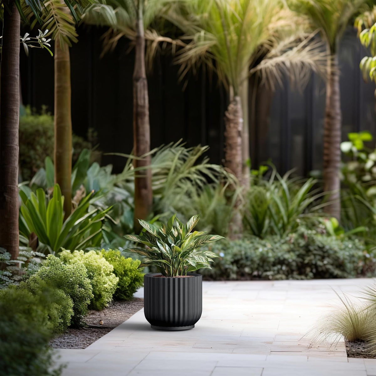 Kante Round Fulted Planter, 11 Inch Dia Large Concrete Plant Pots with Drainage Hole and Rubber