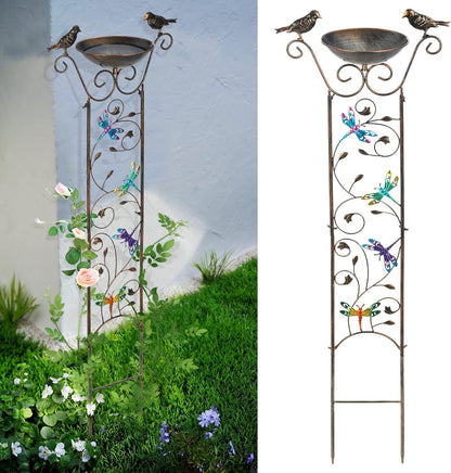 SUNNYPARK Bird Bath with Trellis Outdoor, Antique Garden Iron Plant Trellis with Decorative