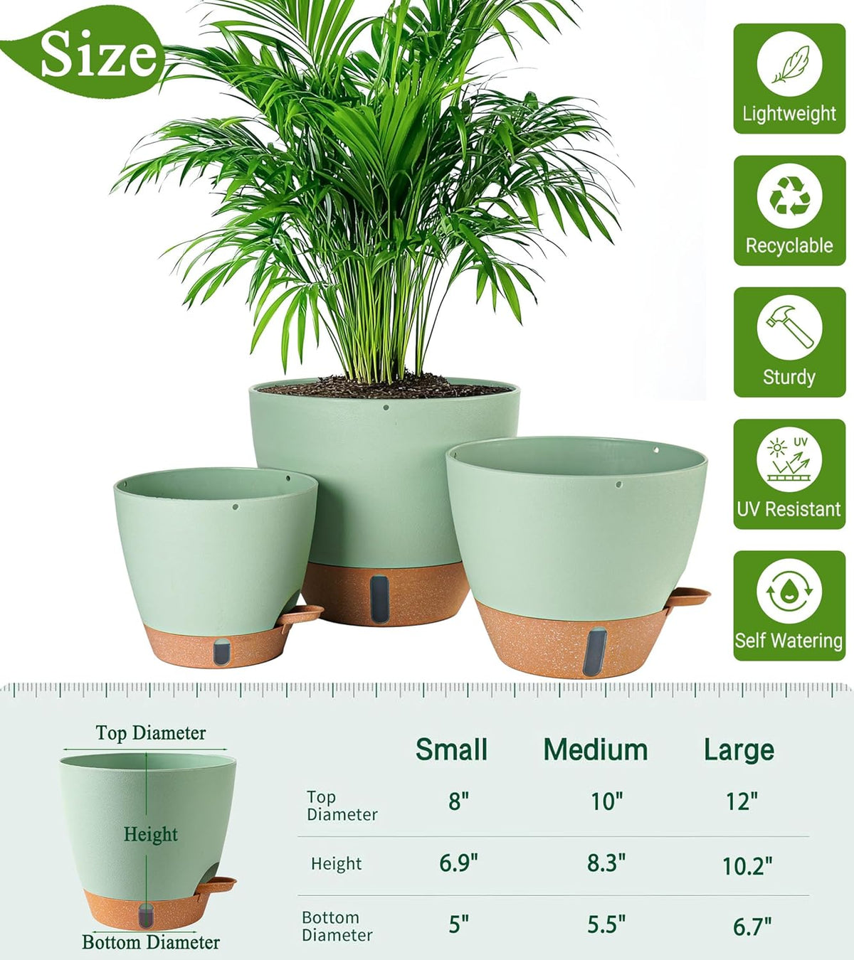 8/10/12 Inch Self Watering Pots for Indoor/Outdoor Plants - Large Plastic Planter with Drainage