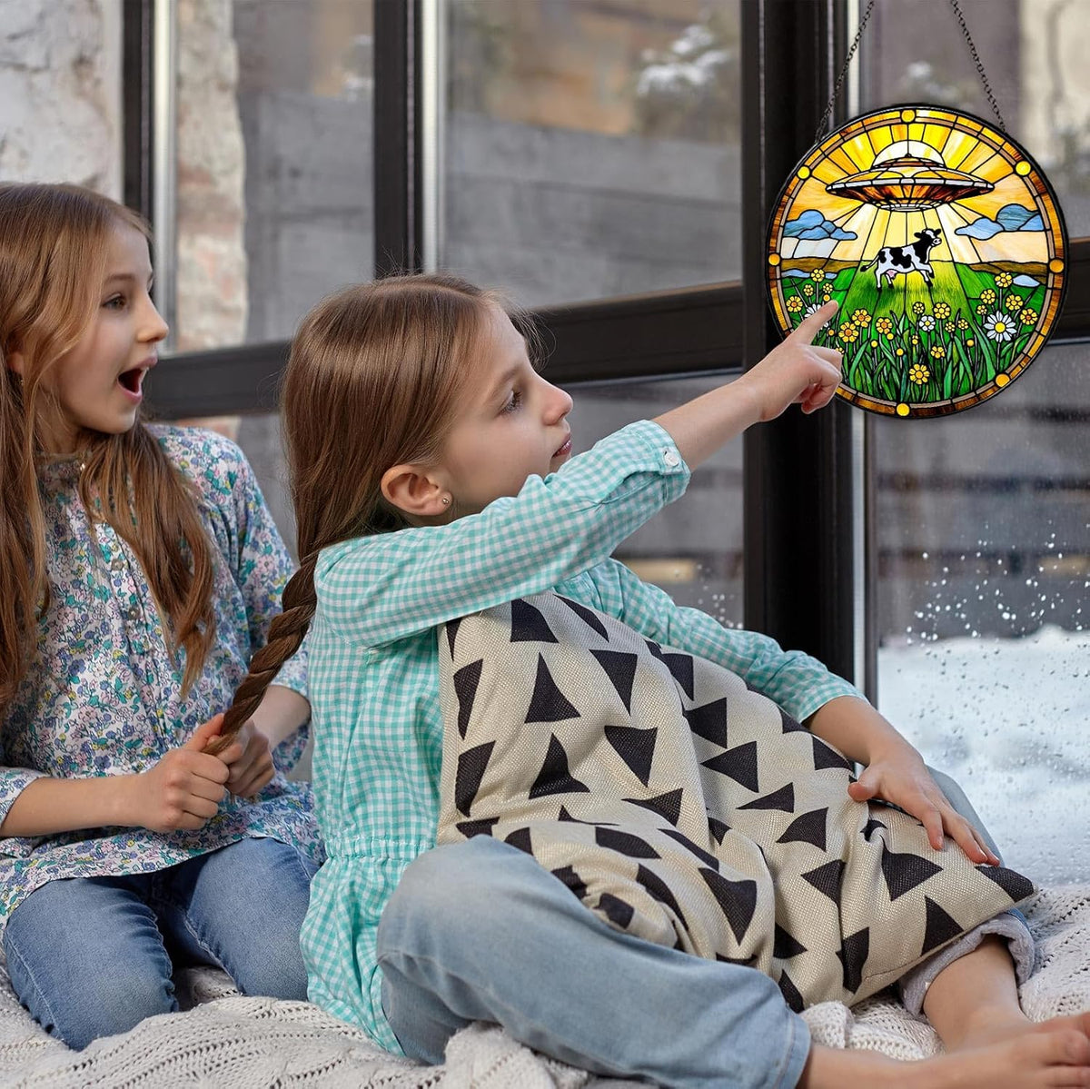 Cow Wildflowers Stained Glass Window Hanging UFO Abduction Sun Catcher Funny Gifts for Women Room