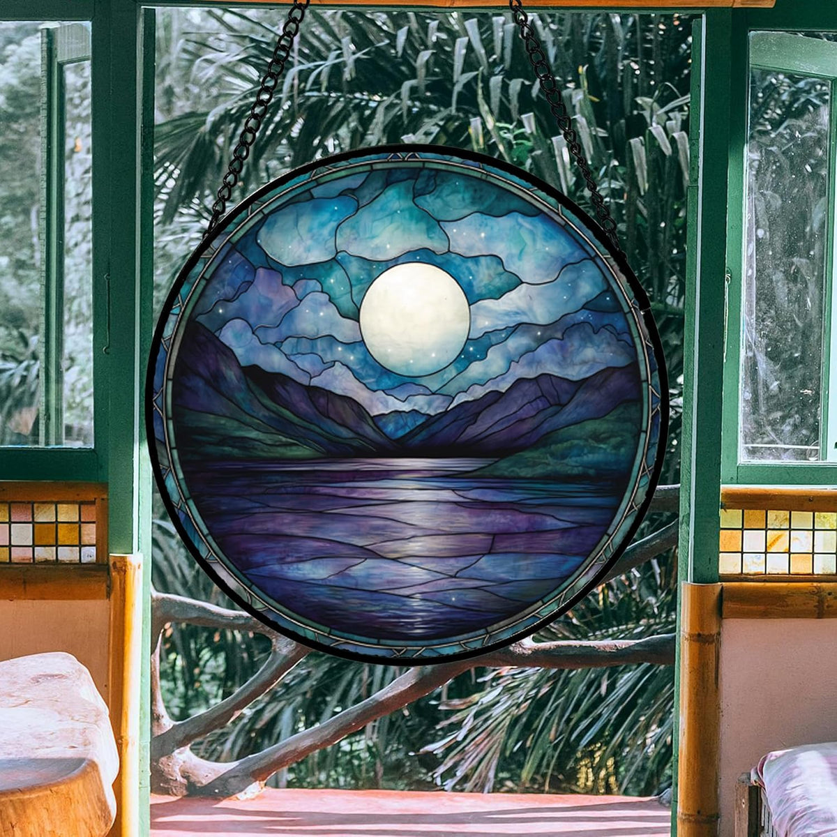 Stained Glass Window Hanging, Blue Night Moon Lake Sun Catchers Colorful Glass Panel Landscape
