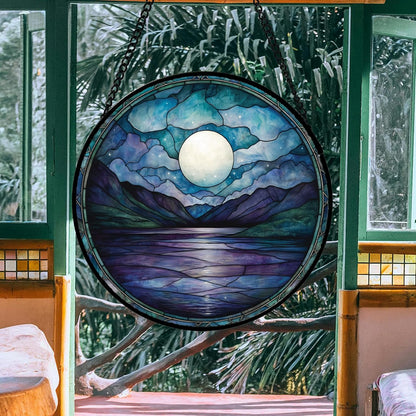 Stained Glass Window Hanging, Blue Night Moon Lake Sun Catchers Colorful Glass Panel Landscape