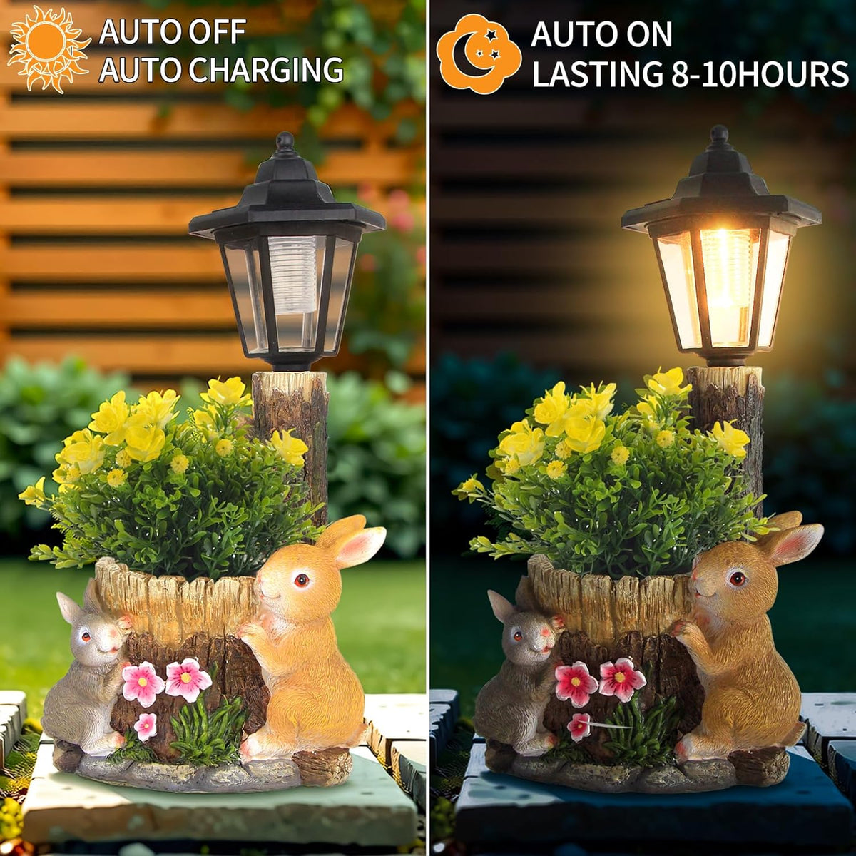 Solar Bunny Garden Stalue Outdoor, Rabbits Figurine Flowerpot Decolwith Solar Lantem for Yard Art