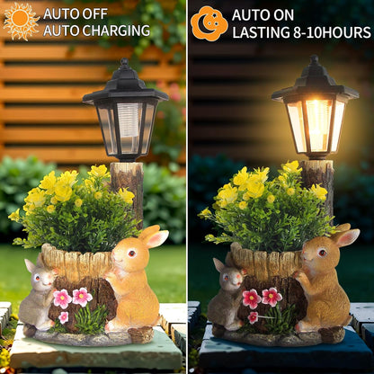 Solar Bunny Garden Stalue Outdoor, Rabbits Figurine Flowerpot Decolwith Solar Lantem for Yard Art