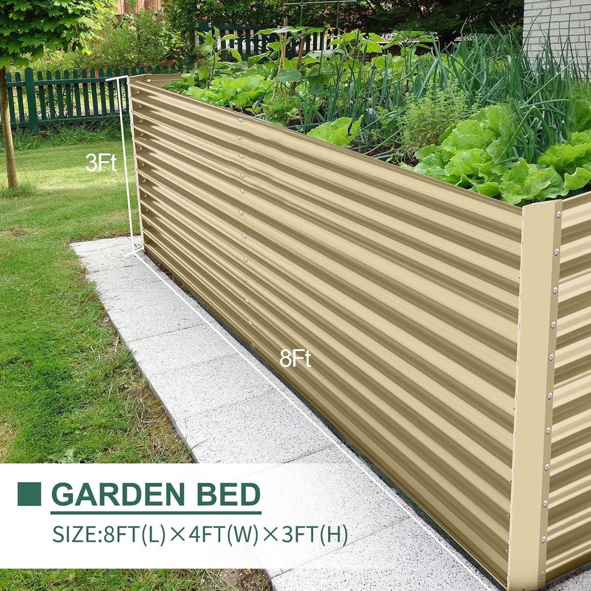 Land Guard 8x4x3ft Rectangular Galvanized Raised Garden Beds, Large-Capacity Metal Planter Box