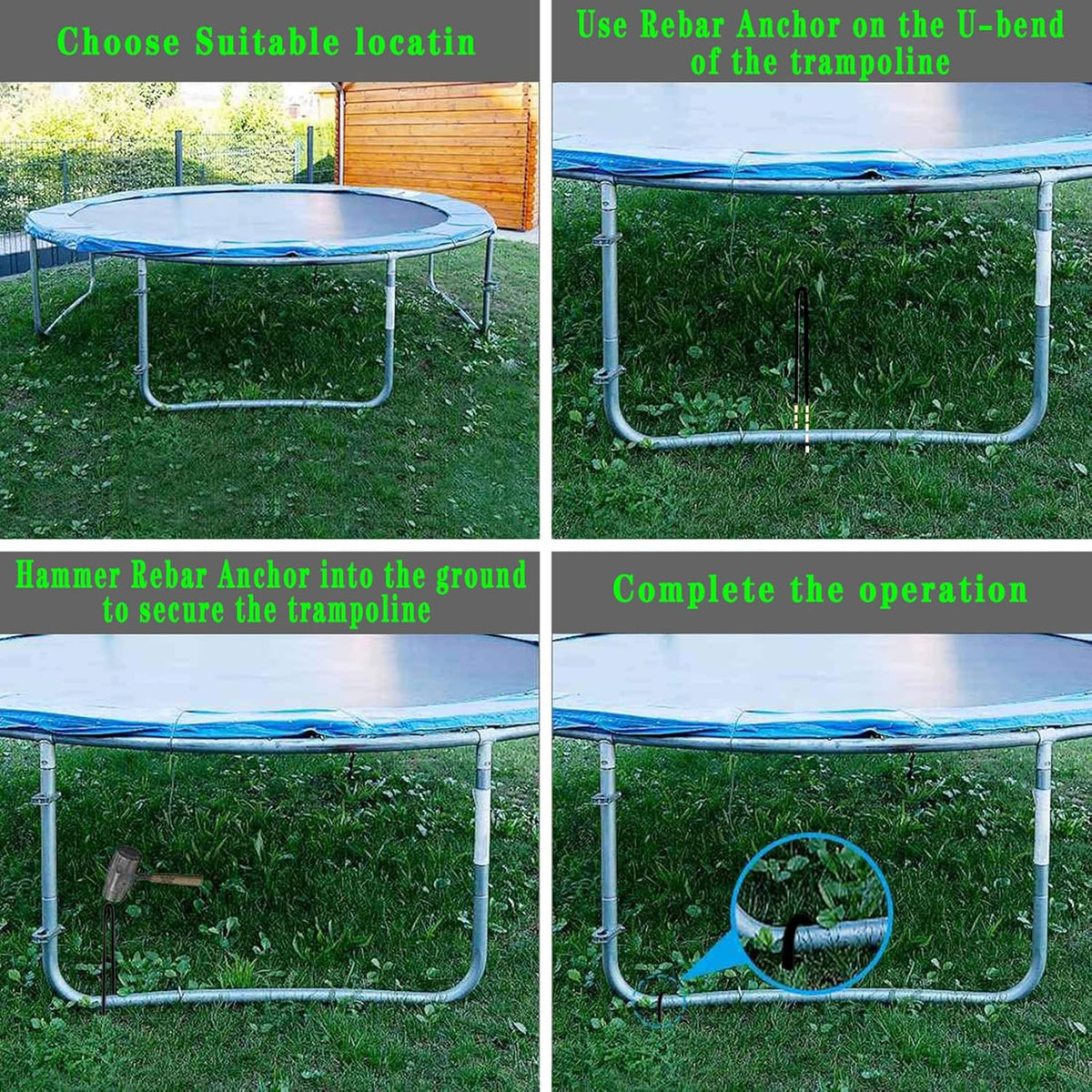12-Inch Trampoline Wind Stakes, Extra Heavy Duty U Shaped Coated Rebar Stakes Safety Ground Anchors