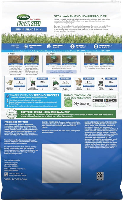 Scotts Turf Builder Grass Seed Sun and Shade Mix with Fertilizer and Soil Improver, Thrives in Many