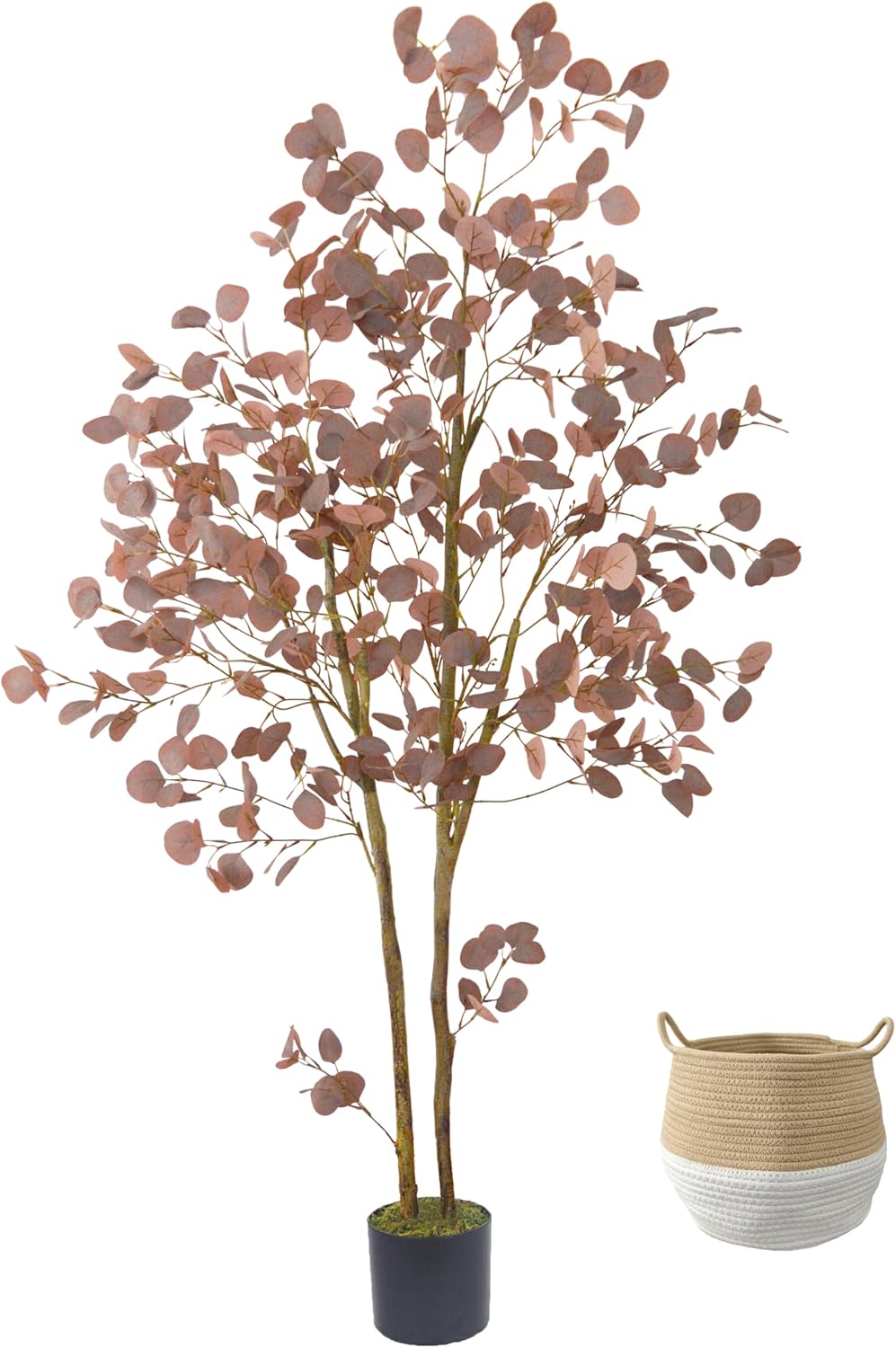 Artificial Eucalyptus Tree, 6ft Fake Eucalyptus Plant with Basket, Red Silver Dollars Silk Leaves
