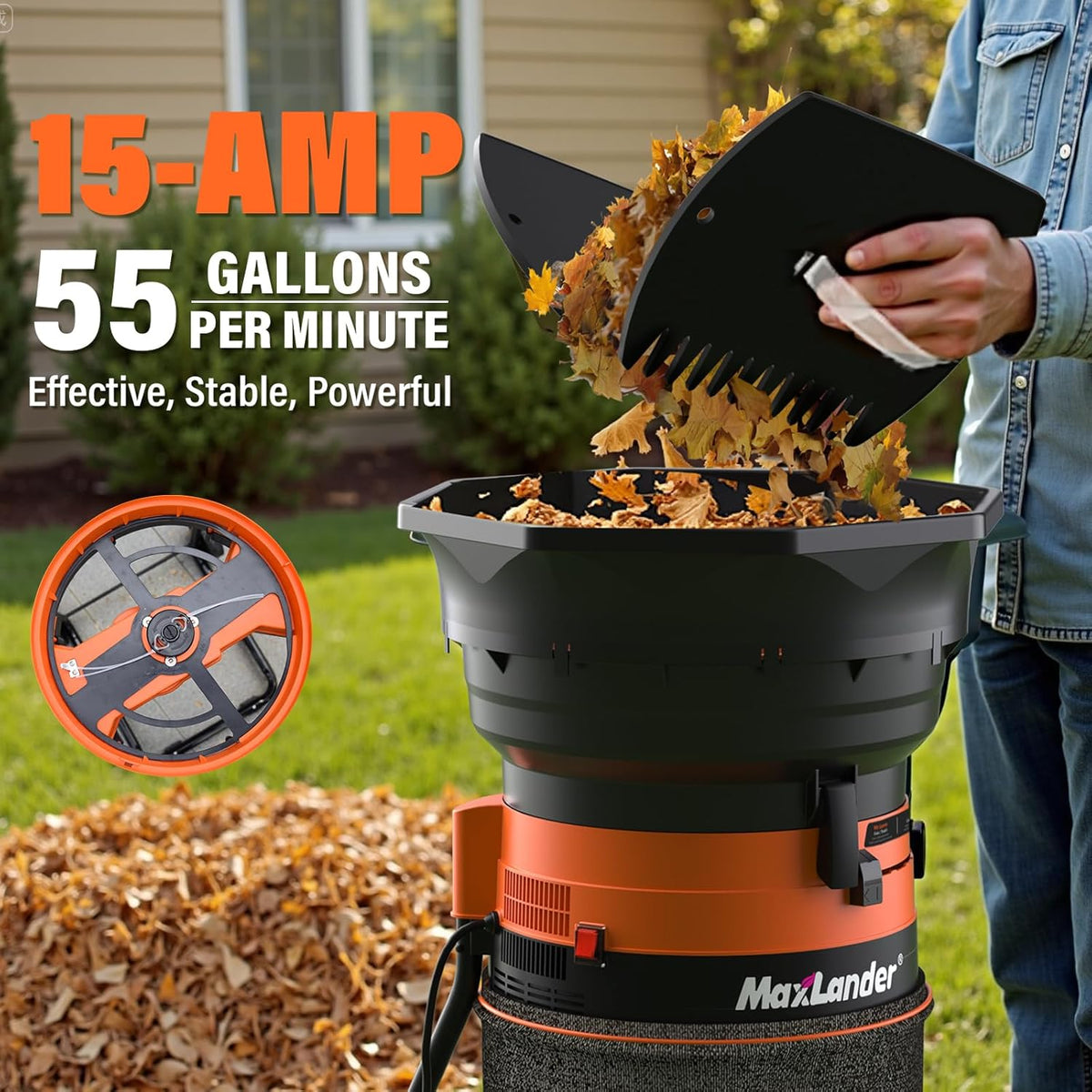 MAXLANDER Electric Leaf Mulcher/Shredder, 15 Amp 8400 RPM, 18:1 Ratio, Adjustable Dial, with