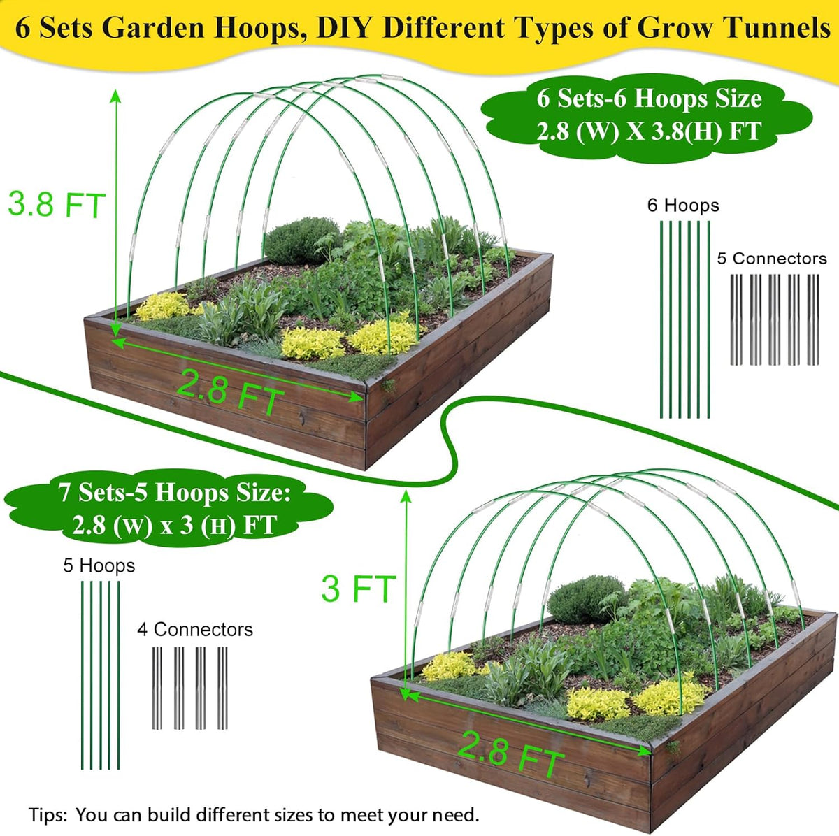 Greenhouse Hoops Grow Tunnel 6 Sets of 8FT Long Garden Hoops, Rust-Free Fiberglass Garden Hoops