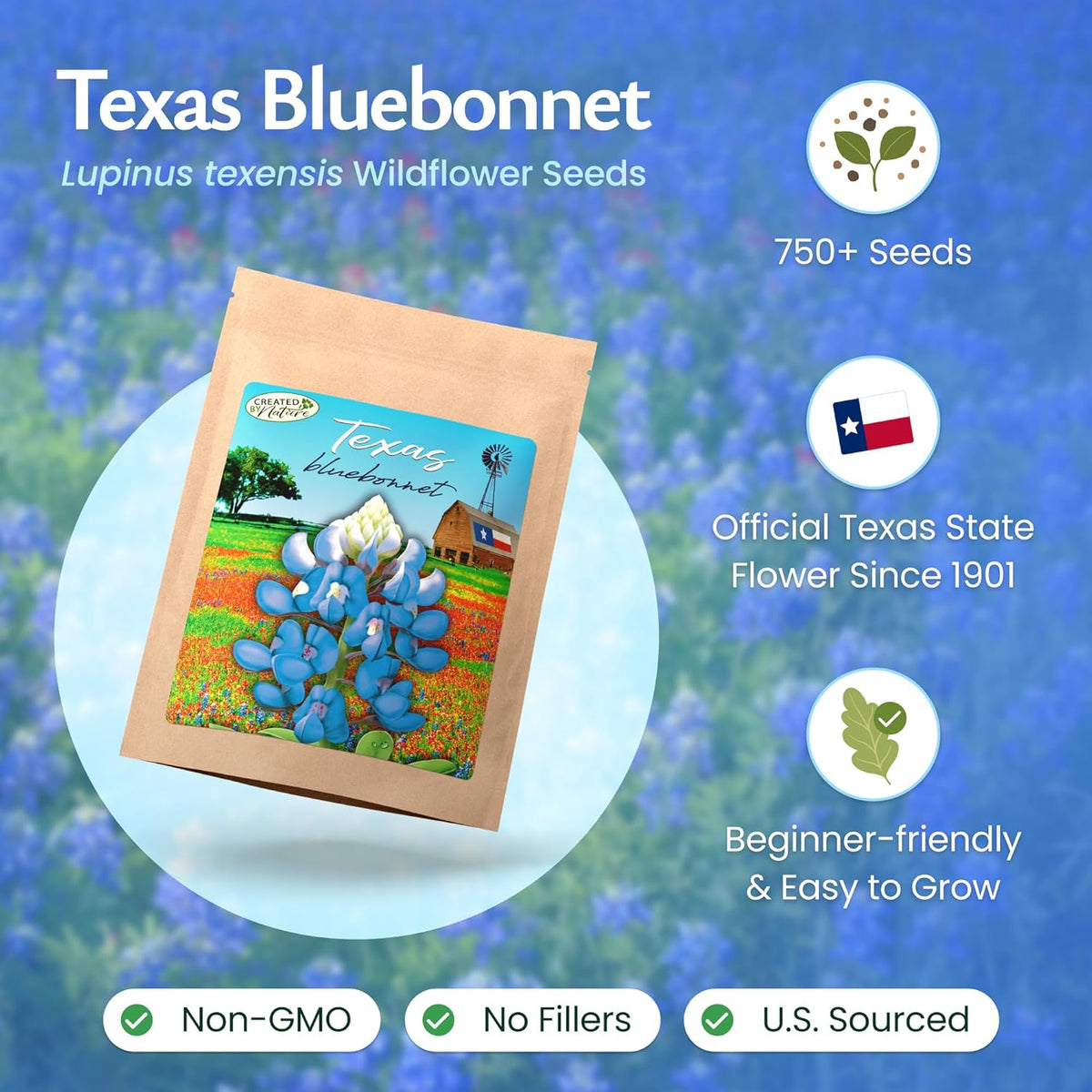 Created By Nature Texas Bluebonnet Seeds, 750+ Wildflower Seeds, Texas State Flower
