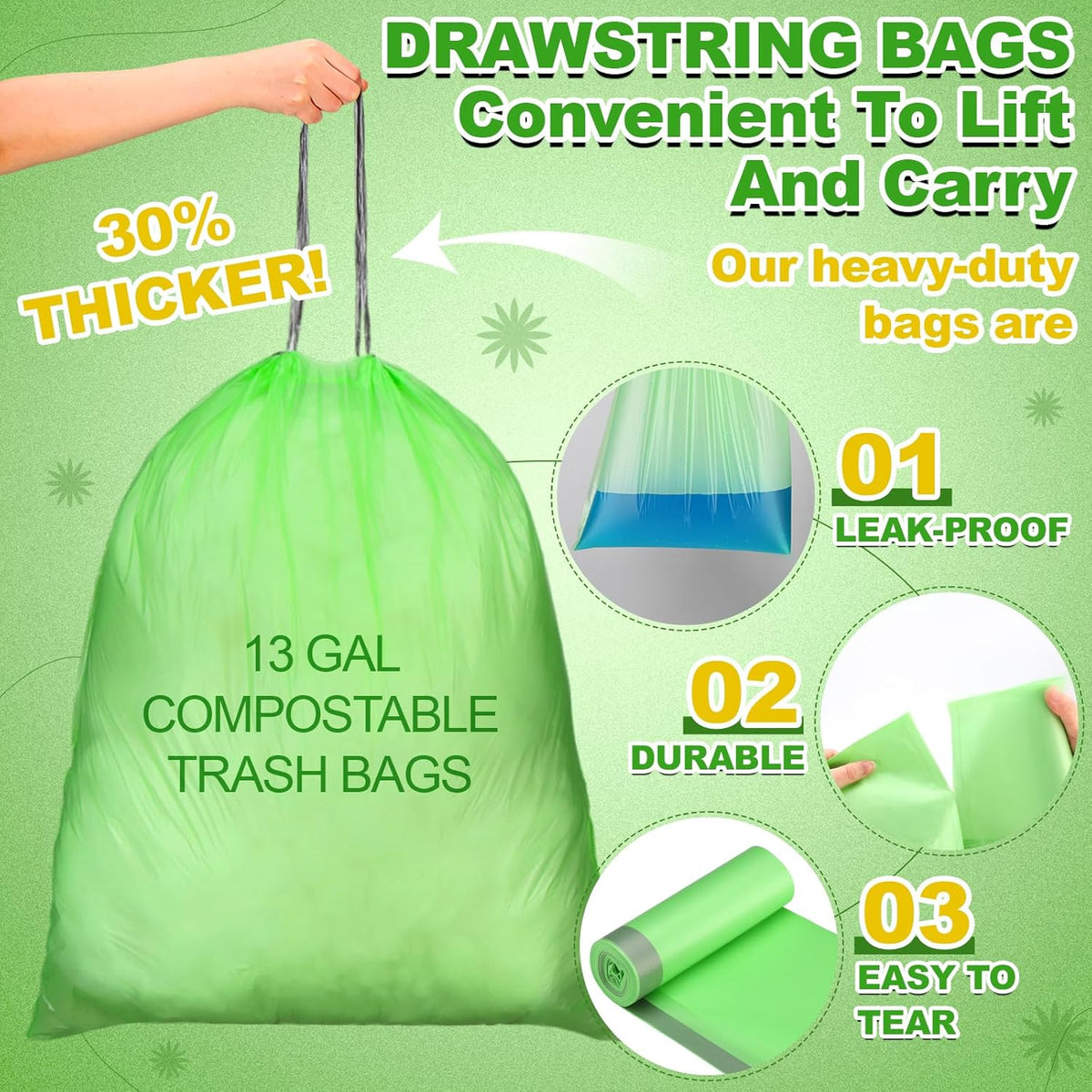 200 Count 13 Gallon Compostable Trash Bags with Drawstring Tall Kitchen Food Scrap Waste Bag Heavy