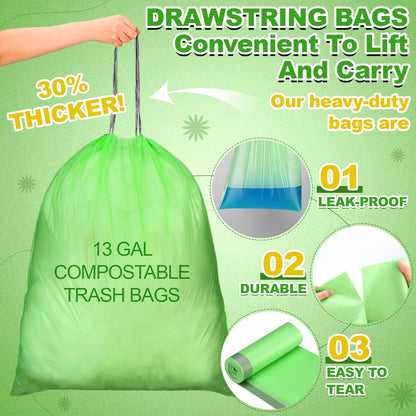 200 Count 13 Gallon Compostable Trash Bags with Drawstring Tall Kitchen Food Scrap Waste Bag Heavy