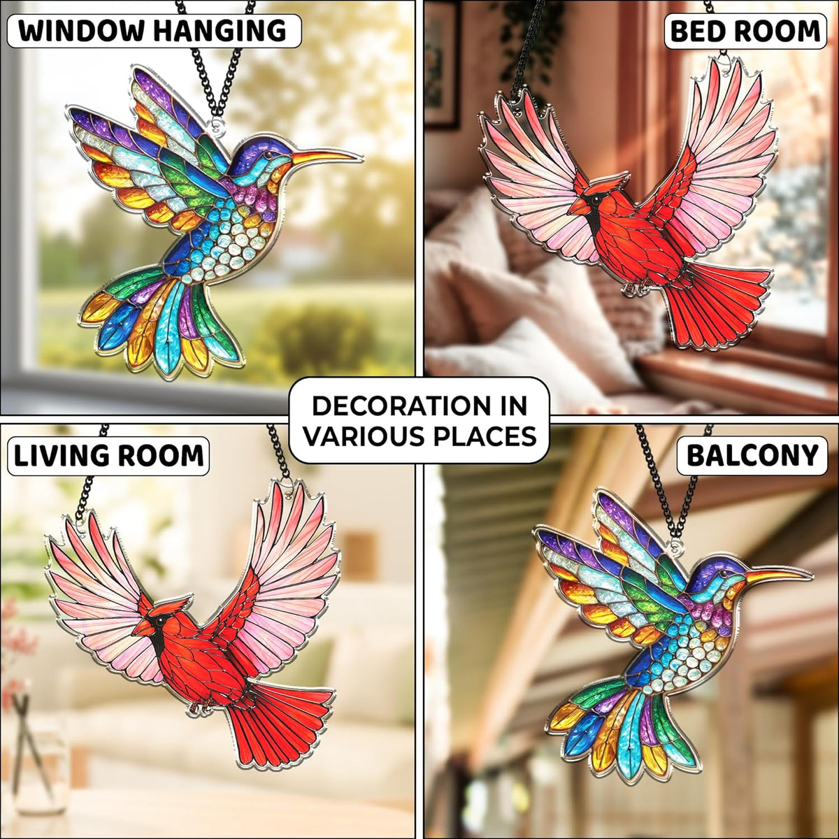 2 Cardinal Hummingbird Acrylic Suncatchers, Bird Window Hanging Ornaments, Fall Decorations for