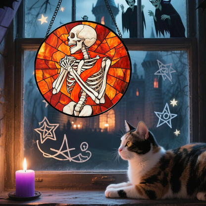 Stained Glass Window Hanging - Halloween Decorations Fear Skeleton Suncatcher for Doors Garden
