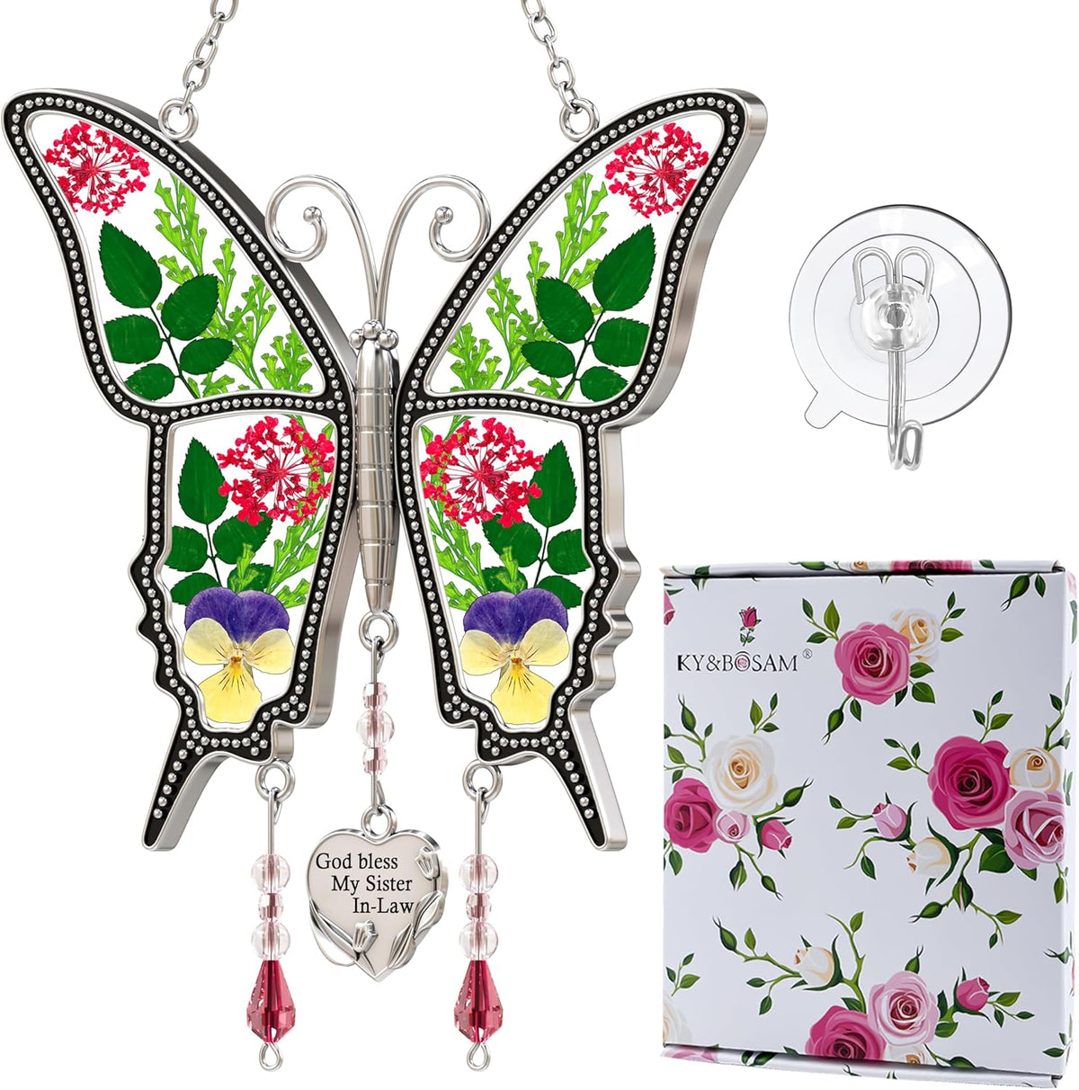 KY&BOSAM Gifts for Sister God Bless My Sister in-Law Butterfly Suncatcher Stained Glass Suncatchers