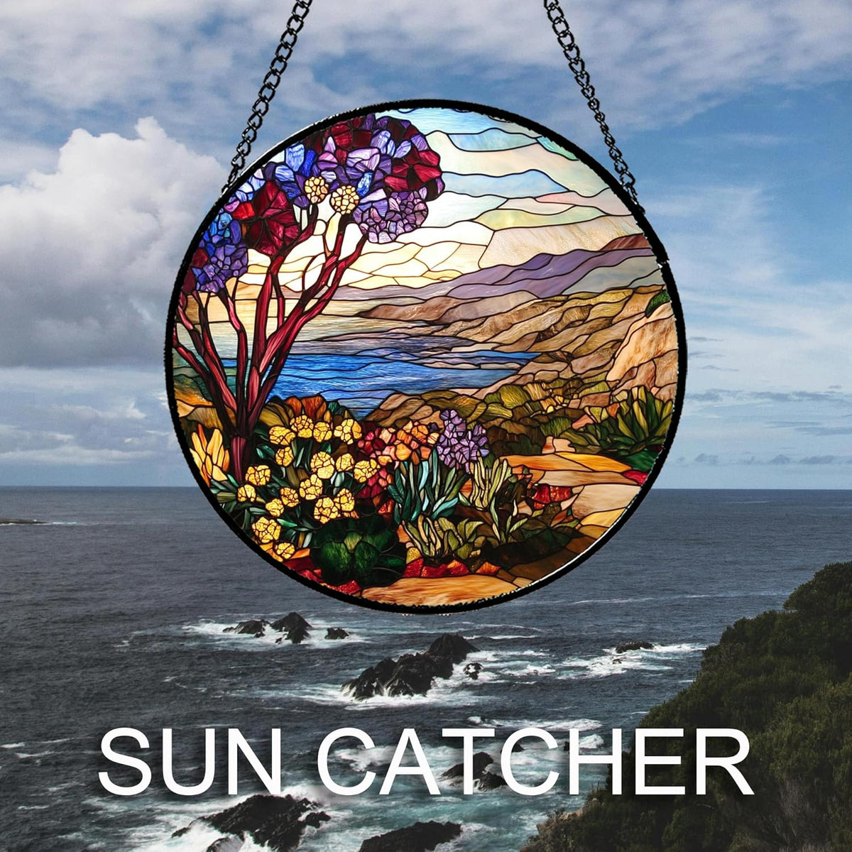 Stained Glass Window Hanging Retro Wildflowers Lake Mountain Scenery Large 15" - Suncatcher Door