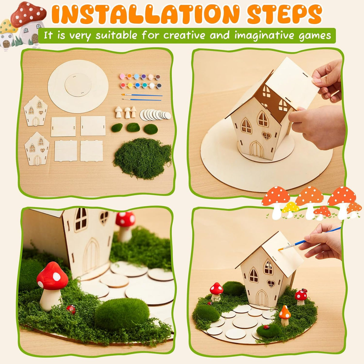 Kathfly 8 Sets Wooden Fairy House Craft Kit, Fairy Garden Kit with Paints & Decorations, Unpainted