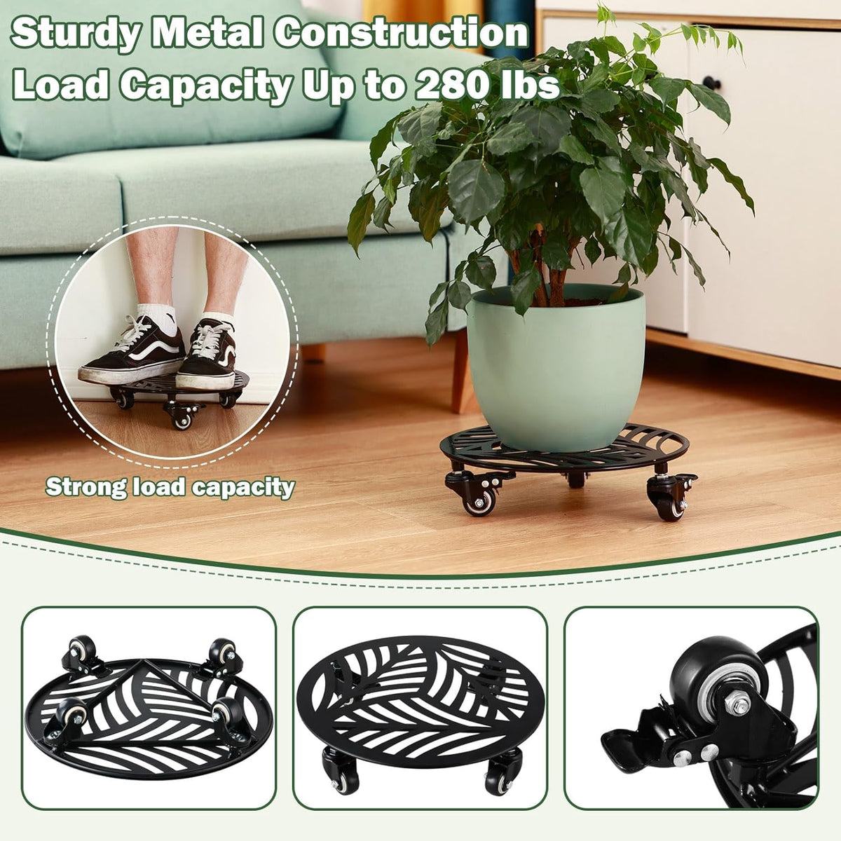1 Pack Large Metal Plant Caddy with Wheels 13.5 Inches Heavy-duty Iron Rolling Plant Stand with