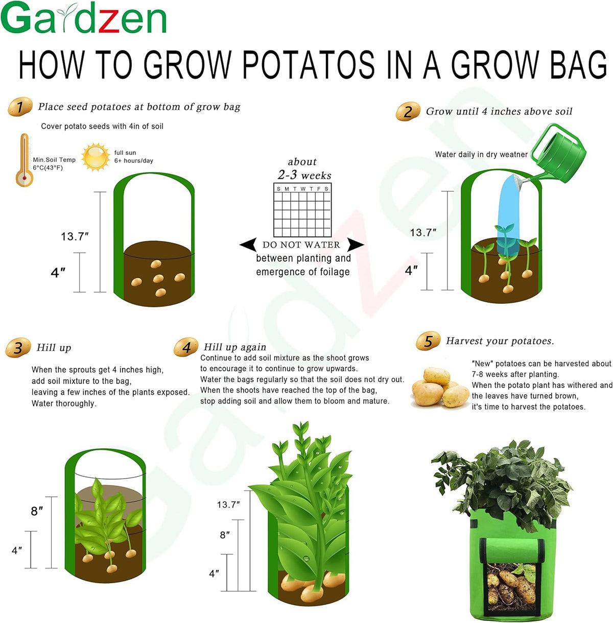 Gardzen 6 Pack BPA-Free 10 Gallon Vegetable Grow Bags with Access Flap and Handles, Suitable for