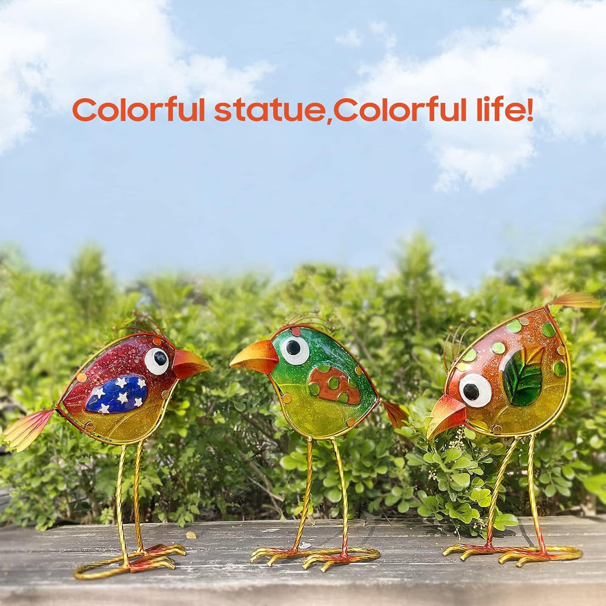 Garden Decor for Outside,Funny Metal & Glass Bird Decor for Indoor & Outdoor Set of 3,Yard Art