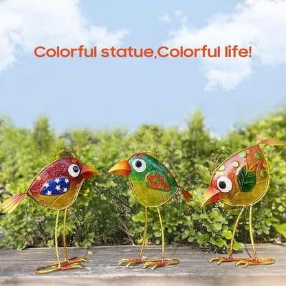 Garden Decor for Outside,Funny Metal & Glass Bird Decor for Indoor & Outdoor Set of 3,Yard Art