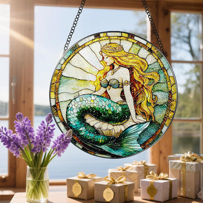 Stained Glass Window Hanging, 8 Inch Mermaid Suncatcher Stained Glass Ornament, Suncatchers for