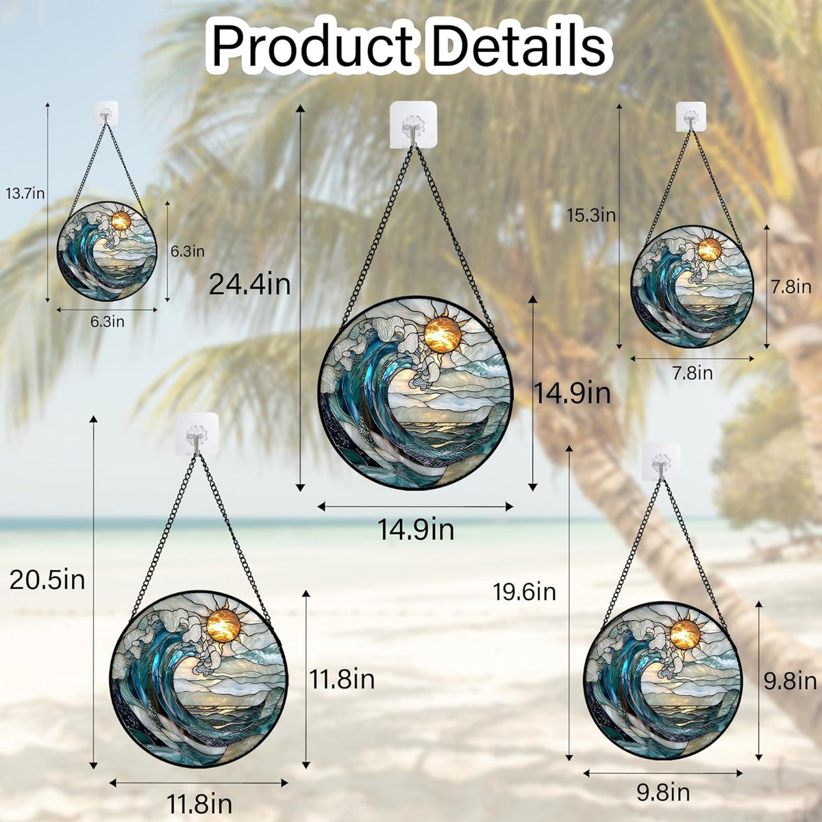 Stained Glass Window Hanging, Blue and White Waves Suncatcher Diamond Glass Panel Landscape Sun