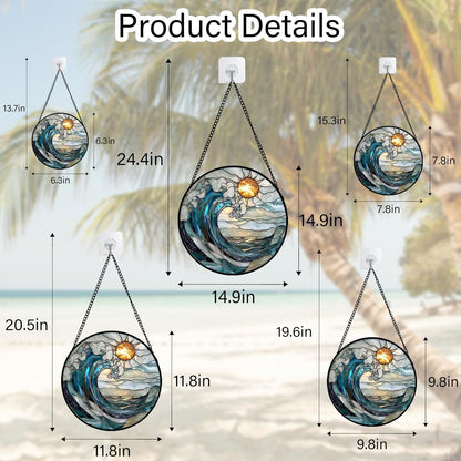 Stained Glass Window Hanging, Blue and White Waves Suncatcher Diamond Glass Panel Landscape Sun