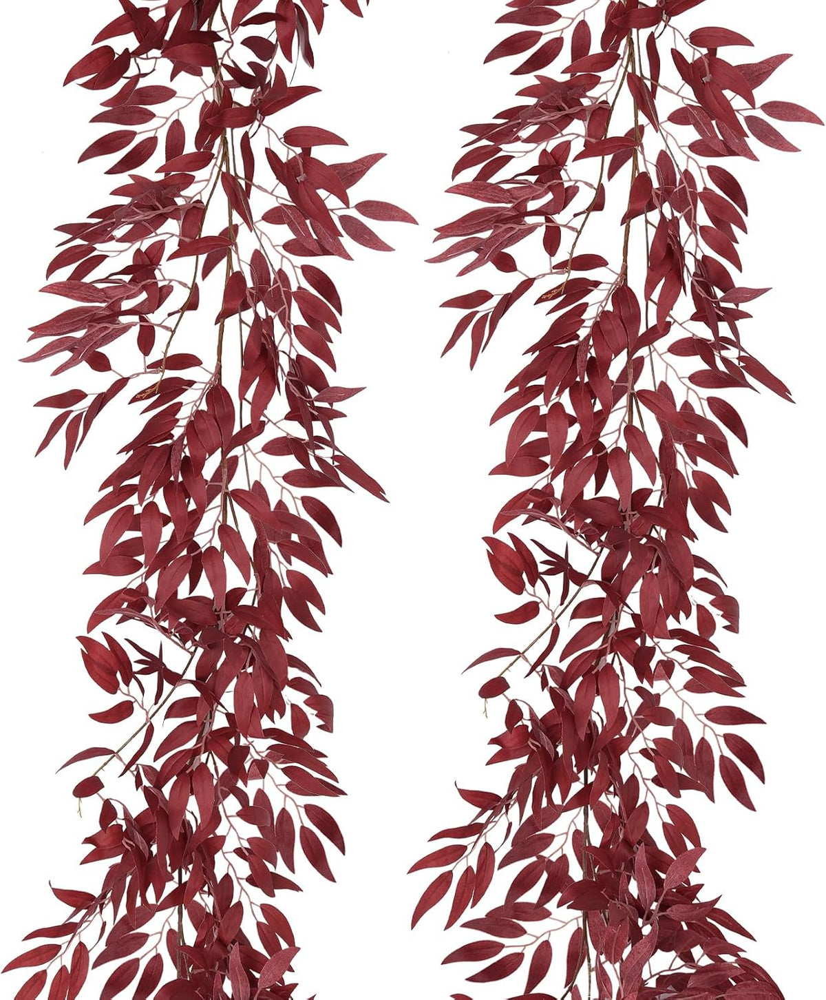 RECUTMS Artificial Hanging Willow Leaves Vine Twigs 2Pcs 5.7Ft Fake Silk Burgundy Leaf Ivy Fall