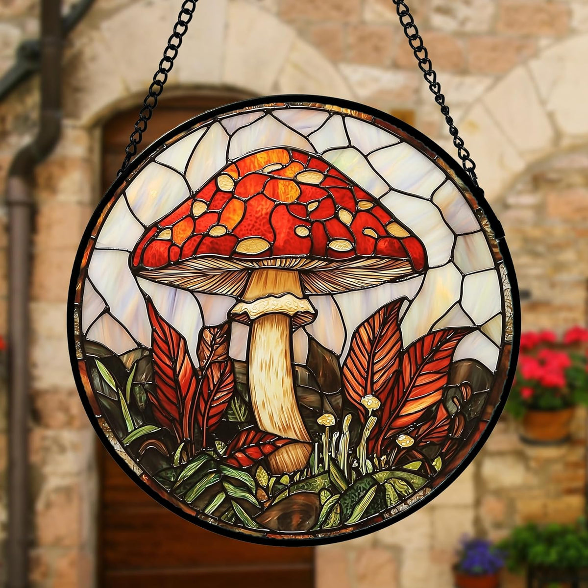 Stained Glass Window Hanging, Big Red Mushroom Suncatcher for Doors Home Sun Catchers Decoration