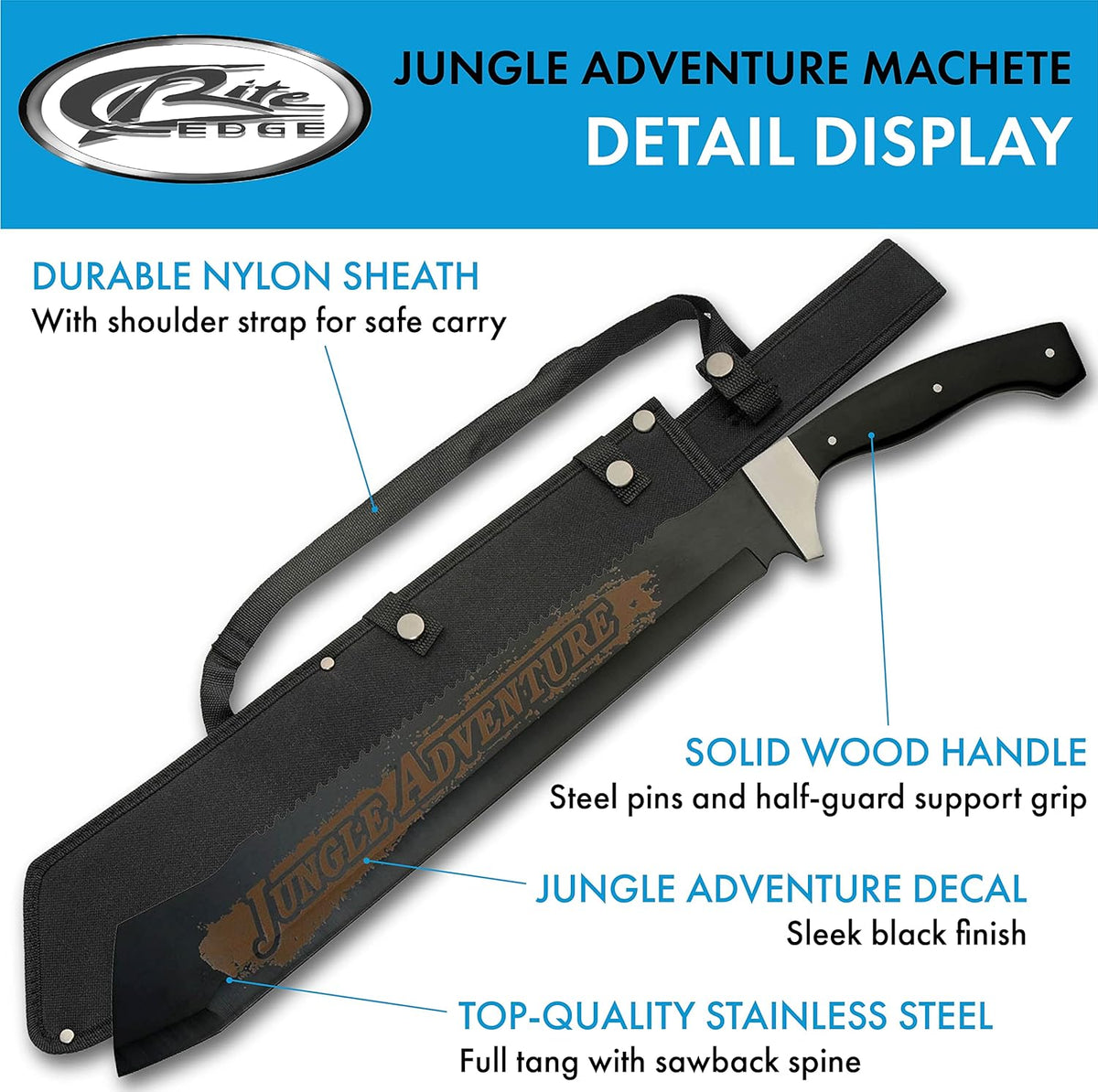 SZCO Supplies 25” Black Wood Handle Heavy Duty Saw Back Jungle Cleaver Machete With Sheath
