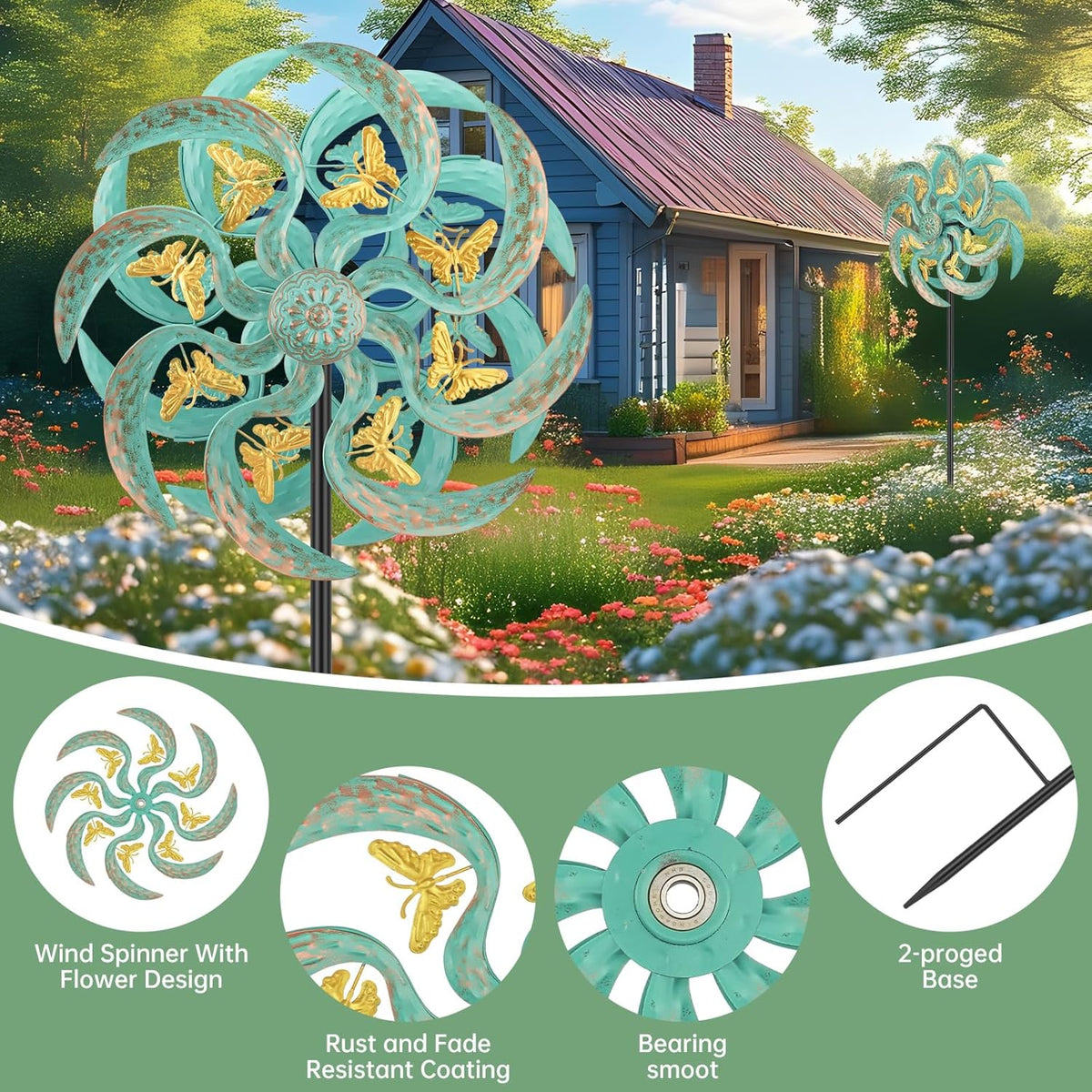 Metal Wind Spinner Outdoor, Golden Butterfly Kinetic Wind Sculpture Spinners with Metal Stake, Yard