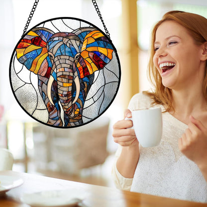 Stained Glass Window Hanging, Colorful Elephant Sun Catcher for Door Home Decor Animal Suncatcher
