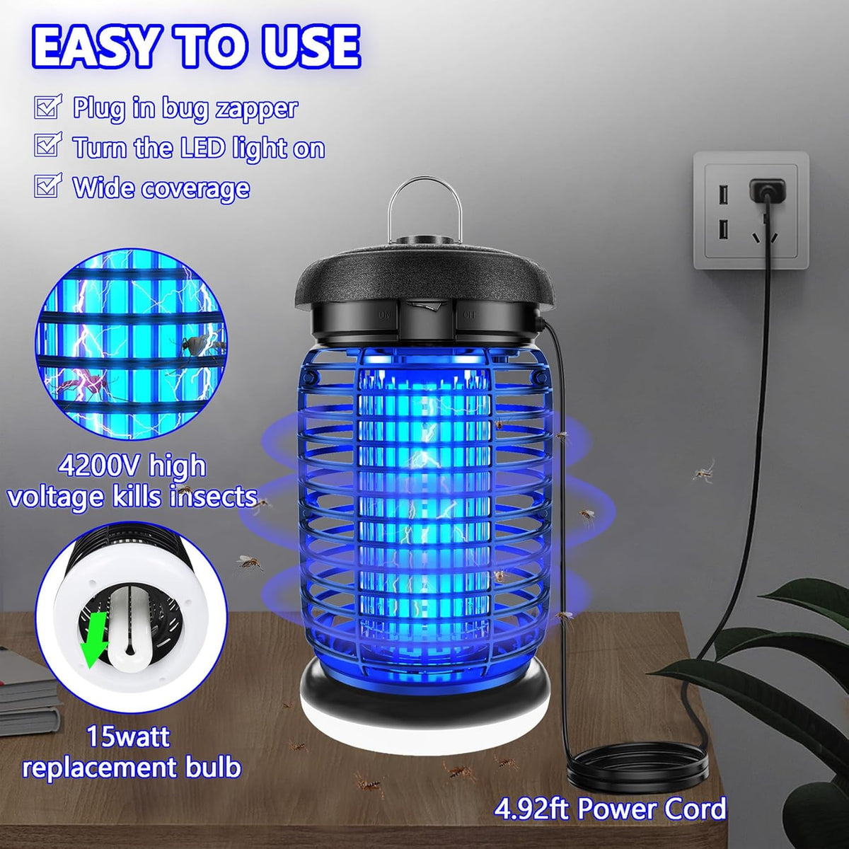 Bug Zapper Outdoor, Mosquito Zapper with LED Light, Fly Zapper Outdoor Indoor, Insect Zapper
