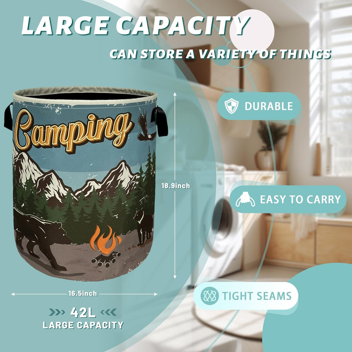 Retro Camping Mountain Bear Laundry Basket Foldable With Handles Tote Bag Oxford Cloth Funny