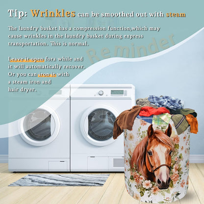 Watercolor Horse Laundry Basket Foldable With Handles Cute Animal Floral Tote Bag Oxford Cloth
