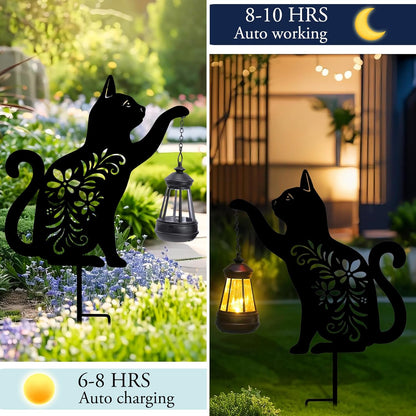 Afirst Solar Outdoor Garden Stake Solar Cat Decorative Stake Light with Lantern Decorative Lights