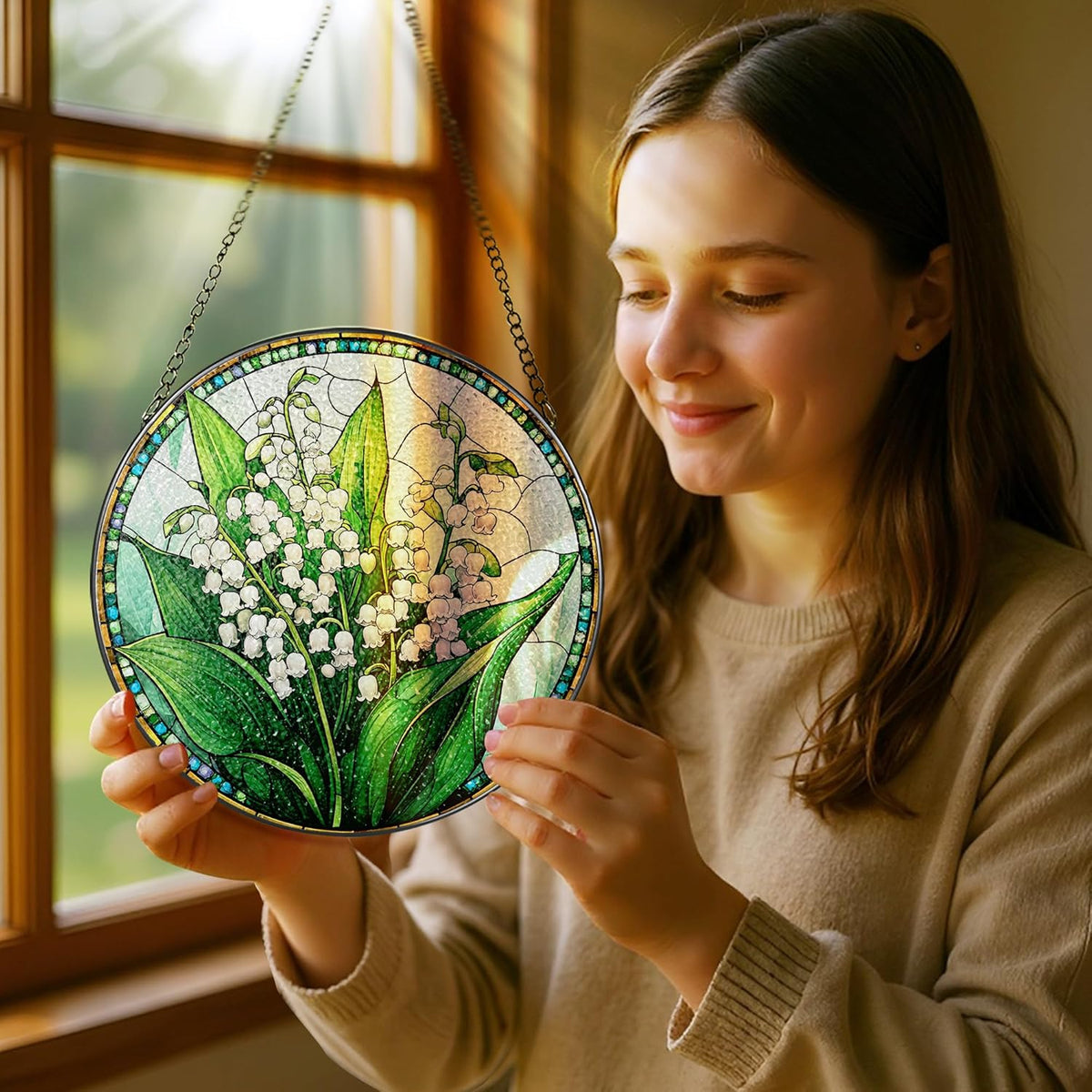 8-Inch Stained Glass Ornament, Stained Glass Window Hanging, Lily of Valley Flower Ornament, Window