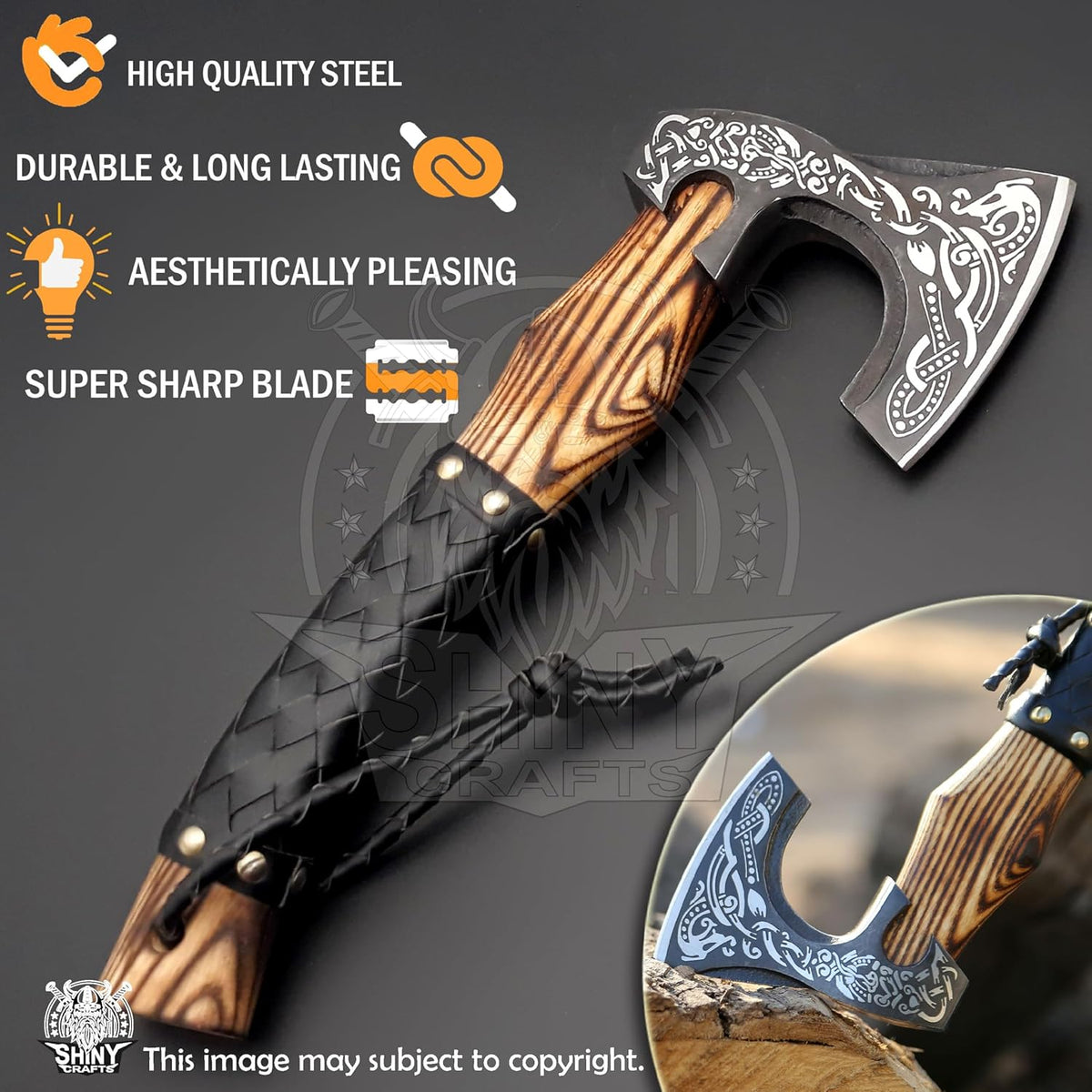 SHINY CRAFTS®- Hand-Forged Viking Axe for Men Leather-Wrapped Handle & Sheath Great for Birthdays