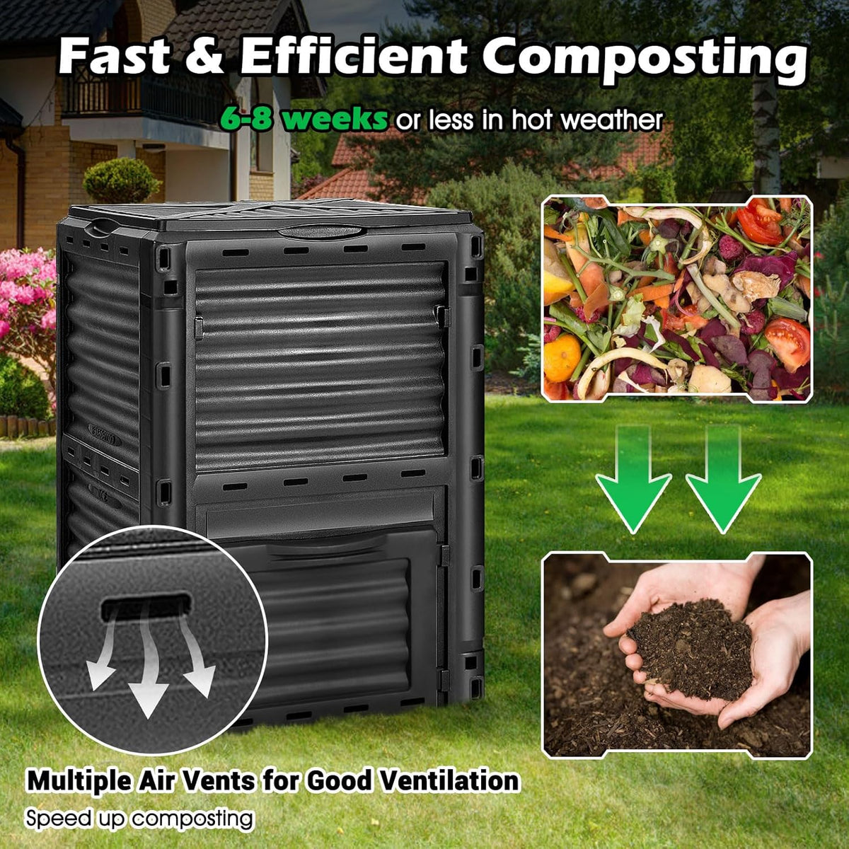 Happygrill Outdoor Compost Bin, Composting Box w/Top Flip Latch-on Lid,80 Gallons Composter for