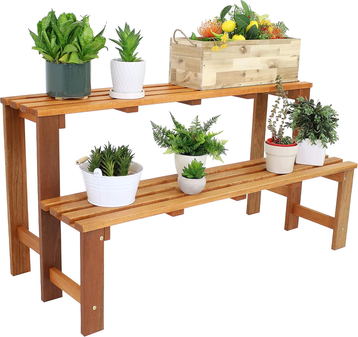 Sunnydaze 2-Tier Meranti Outdoor Wood Plant Stand - Indoor Plant Bench with Teak Oil Finish