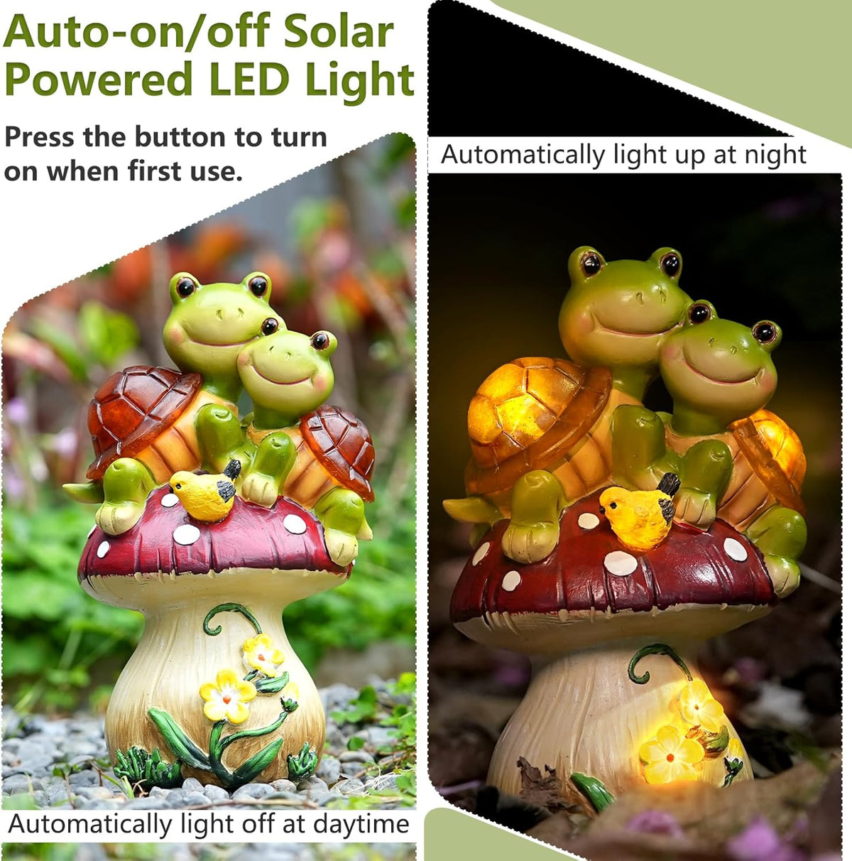 Solar Light Turtle Garden Statue, Turtle on Mushroom Figurine, Lovely Tortoise Garden Statue with 5