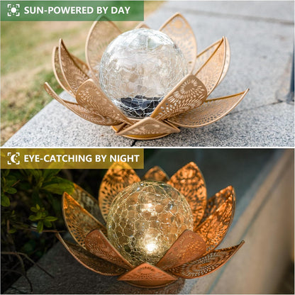 Solar Lights Outdoor Waterproof Lotus Flower Metal Yard Art Decoration Crackle Globe Glass Solar