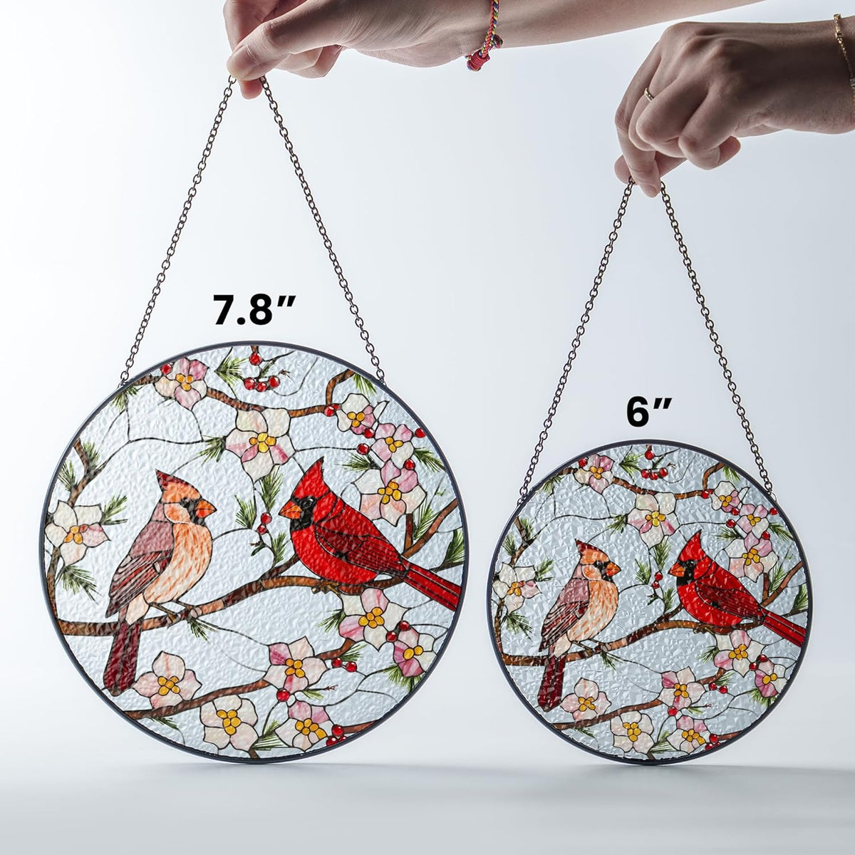 6" Cardinal Bird Stained Glass Suncatchers Art Glass Birds and Flowers for Sun Catcher Indoor